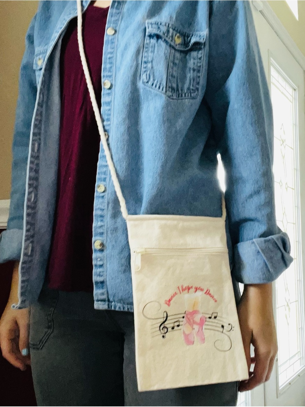 Canvas Crossbody Bag with Ballet Motif - Cream